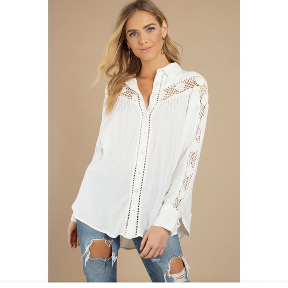 Free People Katie Bird White Medium Button Front Blouse Crochet Detail - Picture 2 of 12